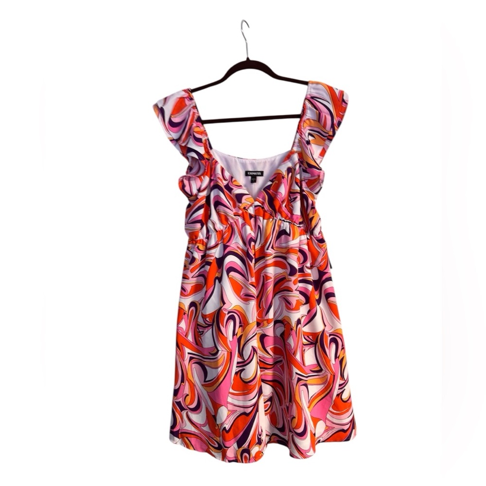 Express Swirl Print Mini Dress Colorful Short Flutter Sleeves Lined.  Sz M. NWT! - Picture 2 of 13